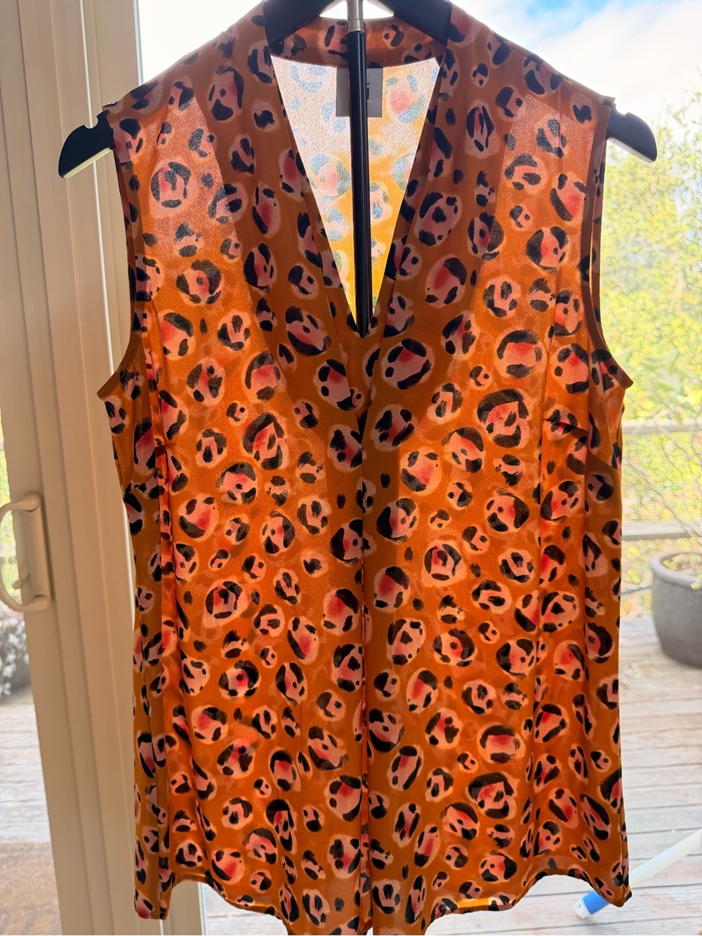 Cabi Sleeveless Orange, Tan, Pink and Black Leopard Print Blouse